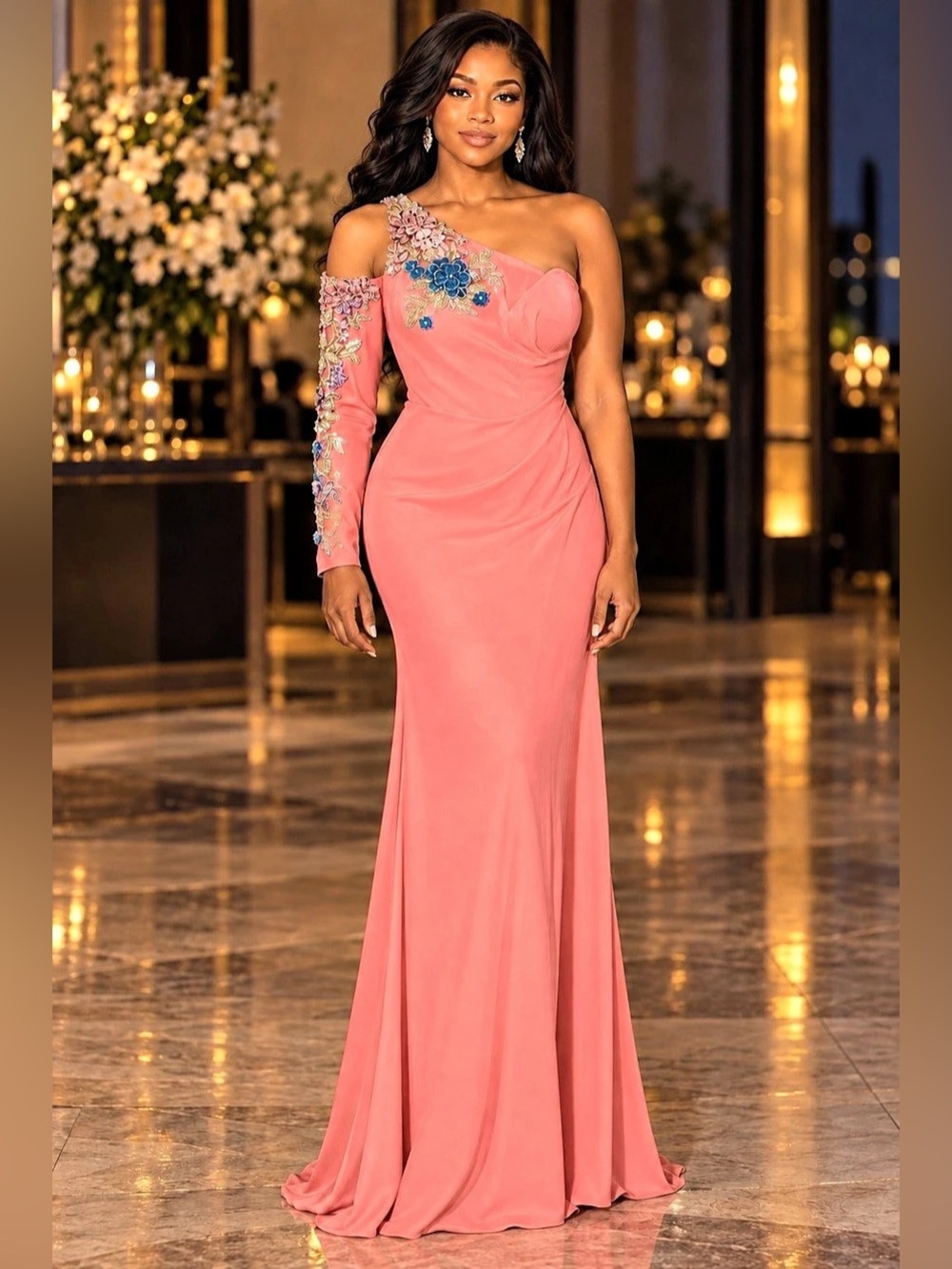 Ieena Mac Duggal 2204 Gown 0 Pink Floral Beaded One Shoulder Long Sleeve NWT